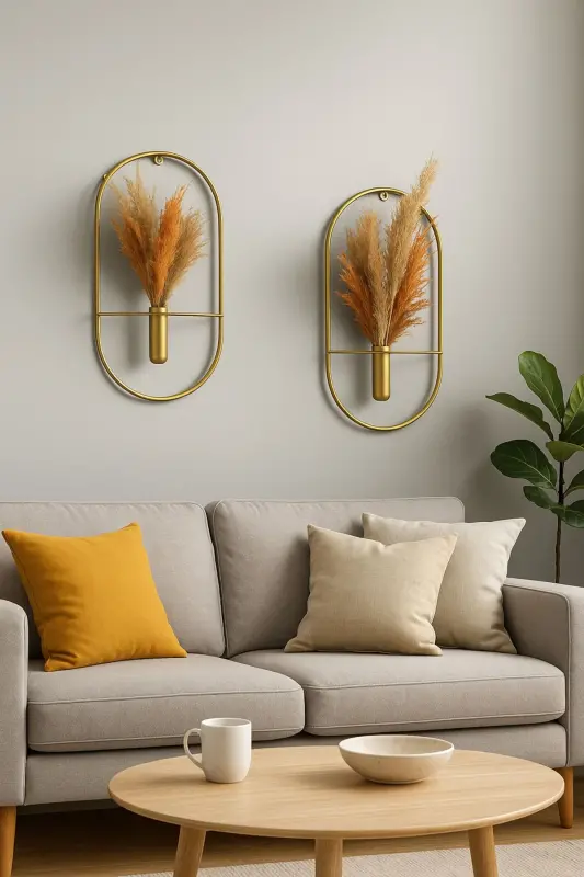 Gold Oval 2 Li Duvar Çiçekliği Dekoratif Duvar Çiçekliği ölçü G 27*U 57NOT: PAMPASLAR DAHİL DEĞİLDİR - 2