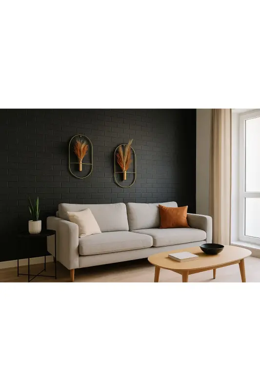 Gold Oval 2 Li Duvar Çiçekliği Dekoratif Duvar Çiçekliği ölçü G 27*U 57NOT: PAMPASLAR DAHİL DEĞİLDİR - 3