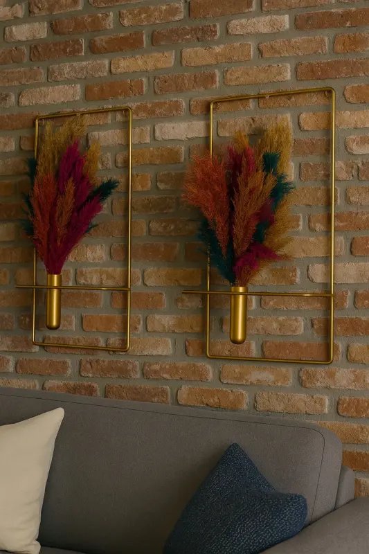 Çiçeklik Kare Gold 2li Çiçeklik Duvar Dekoratif Çiçeklik NOT: PAMPASLAR DAHİL DEĞİLDİR - Gold - 2