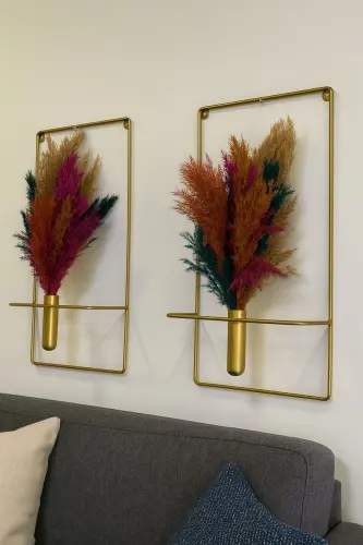 Çiçeklik Kare Gold 2li Çiçeklik Duvar Dekoratif Çiçeklik NOT: PAMPASLAR DAHİL DEĞİLDİR - Gold - 3