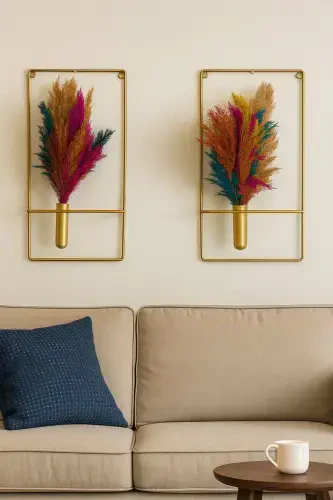 Çiçeklik Kare Gold 2li Çiçeklik Duvar Dekoratif Çiçeklik NOT: PAMPASLAR DAHİL DEĞİLDİR - 1