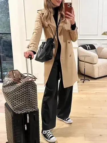 Cicy Bell Ayollar Kuzgi Uzun Trenç Palto, Ikki Qator Tugmali, Klassik Yoqali, Kamarli - 4