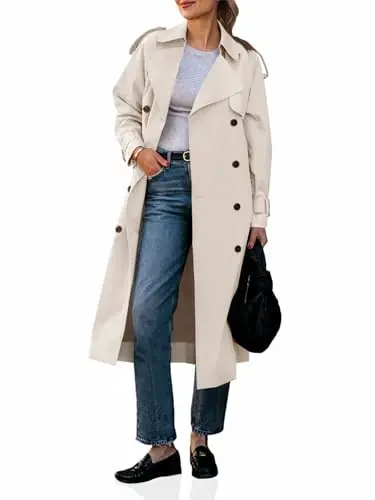 Cicy Bell Womens Long Trench Coat Double Breasted Classic Lapel Fall Overcoat with Belt 