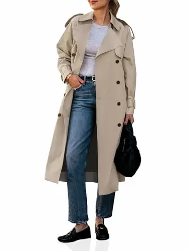 Cicy Bell Womens Long Trench Coat Double Breasted Classic Lapel Fall Overcoat with Belt 