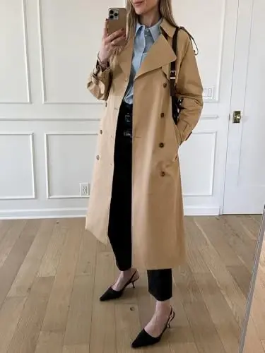 Cicy Bell Womens Long Trench Coat Double Breasted Classic Lapel Fall Overcoat with Belt - CICY (1)