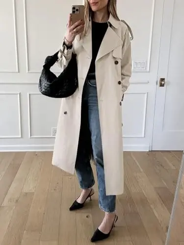 Cicy Bell Womens Long Trench Coat Double Breasted Classic Lapel Fall Overcoat with Belt - 3