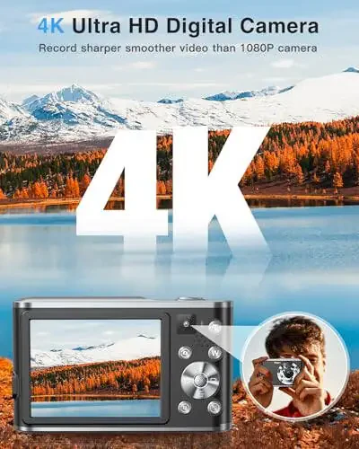 Цифровая камера 4K, 48MP Автофокусная детская камера для селфи с двойными передней и задней линзами, карта 32 ГБ, 2 батареи, 16-кратный цифровой зум, компактная дорожная видеокамера для ведения блога в подарок ребенку подростку начинающему (черная) - 3
