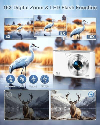 Цифровая камера 4K 48MP с автофокусом для видеоблогов с задней и передней камерой для фотосъемки, 16-кратным цифровым зумом, точечной съемкой с картой на 32 ГБ и 2 аккумуляторами для мальчиков, девочек, детей - белый - 10