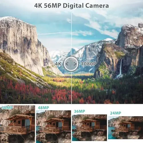 Цифровая камера для фотографии, 4K 48MP камера для ведения видеоблога на YouTube с Wi-Fi, 3-дюймовый поворотный экран на 180 градусов, 16-кратный цифровой зум, широкоугольный и макро объектив 52 мм, карта памяти TF на 32 ГБ и 2 аккумулятора (черный) - 2