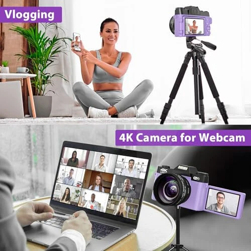 Цифровая камера для фотографии, 4K 48MP камера для видеоблогов на YouTube с WiFi, 3-дюймовый поворотный экран на 180 градусов, 16-кратный цифровой зум, широкоугольный объектив 52 мм и макрообъектив, карта памяти TF 32 ГБ и 2 аккумулятора (фиолетовый) - 4