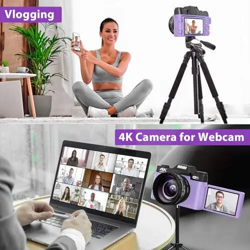 Цифровая камера для фотографии, 4K 48MP камера для видеоблогов на YouTube с WiFi, 3-дюймовый поворотный экран на 180 градусов, 16-кратный цифровой зум, широкоугольный объектив 52 мм и макрообъектив, карта памяти TF 32 ГБ и 2 аккумулятора (фиолетовый) - 4