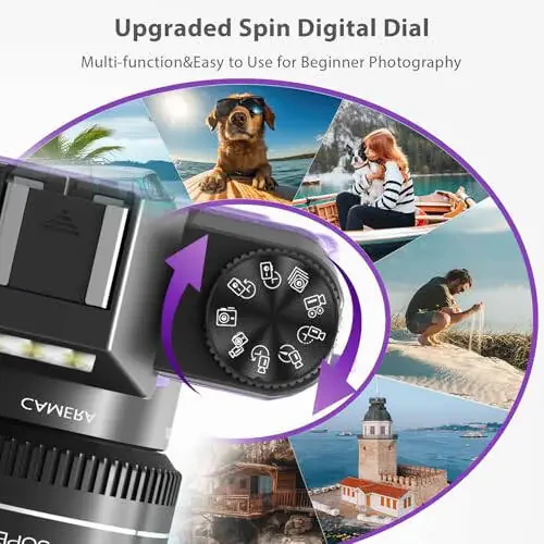 Цифровая камера для фотографии, 4K 48MP камера для видеоблогов на YouTube с WiFi, 3-дюймовый поворотный экран на 180 градусов, 16-кратный цифровой зум, широкоугольный объектив 52 мм и макрообъектив, карта памяти TF 32 ГБ и 2 аккумулятора (фиолетовый) - 5