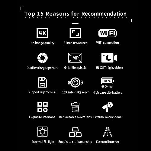 Цифровая камера для фотографии, 4K 64MP видеокамера для видеоблогов с 16-кратным цифровым зумом, ночным видением, 3-дюймовым IPS-экраном, профессиональная цифровая камера - 2