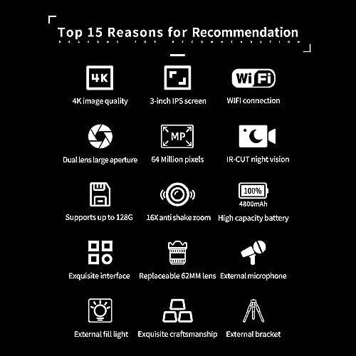 Цифровая камера для фотографии, 4K 64MP видеокамера для видеоблогов с 16-кратным цифровым зумом, ночным видением, 3-дюймовым IPS-экраном, профессиональная цифровая камера - 2