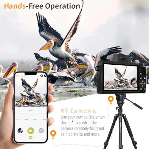 Цифровая камера Saneen, 8k камеры для фотографии, 64MP WiFi камера для ведения блога с сенсорным экраном и вспышкой, карта памяти SD на 32 ГБ, бленда объектива, аккумулятор 3000 мАч, передняя и задняя камеры, интерфейс горячего башмака для начинающих - 4