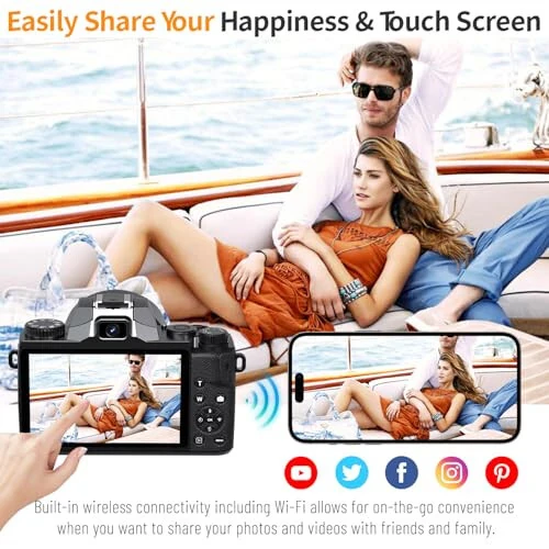 Цифровая камера Saneen, 8k камеры для фотографии, 64MP WiFi камера для ведения блога с сенсорным экраном и вспышкой, карта памяти SD на 32 ГБ, бленда объектива, аккумулятор 3000 мАч, передняя и задняя камеры, интерфейс горячего башмака для начинающих - 5