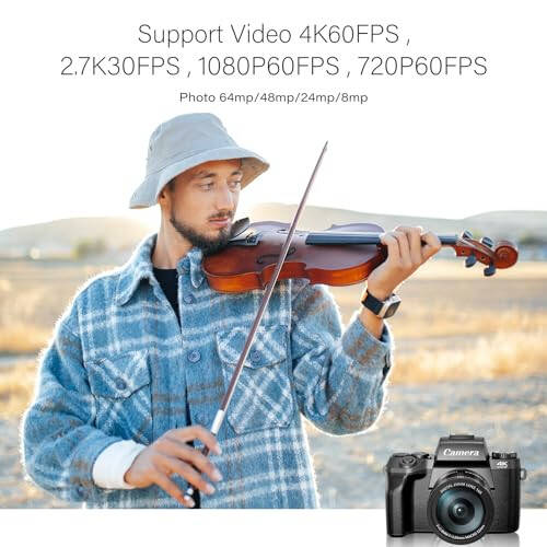 Цифровая камера Saneen для фотографии, 4K 64MP Wi-Fi сенсорный экран Vlogging камера со вспышкой, 32 ГБ SD-карта, бленда объектива, аккумулятор 3000 мАч, передняя и задняя камеры, 4″ большой экран, интерфейс горячего башмака - черный - 2