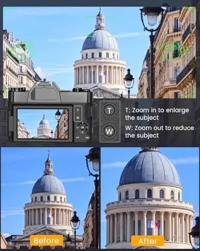 Цифровая камера VJIANGER 2024 года с обновлением для фотографии 4K 56MP, камера для ведения видеоблога для YouTube с Wi-Fi, поворотным экраном на 180°, 16-кратным цифровым зумом, объективом 52 мм, 2 аккумуляторами, картой Micro SD 32 ГБ (черный) - 1