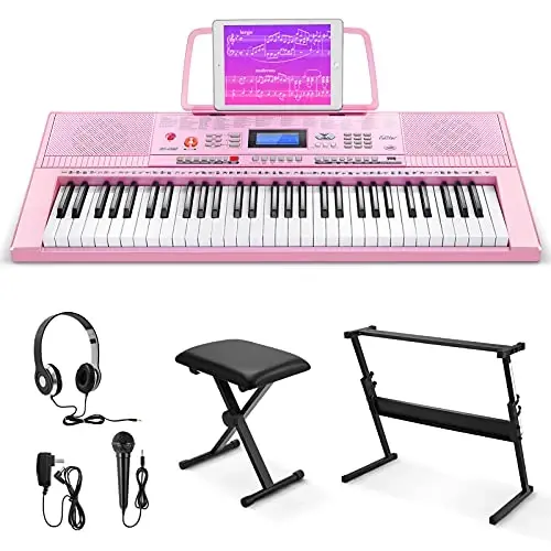 Цифровое пианино Eastar Electric Piano, 61 клавиша, для начинающих, в роскошной комплектации (включает подставку, банкетку, пюпитр, гарнитуру, микрофон и наклейки с нотами), розовое - 1