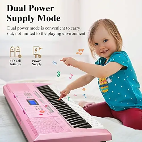 Цифровое пианино Eastar Electric Piano, 61 клавиша, для начинающих, в роскошной комплектации (включает подставку, банкетку, пюпитр, гарнитуру, микрофон и наклейки с нотами), розовое - 5