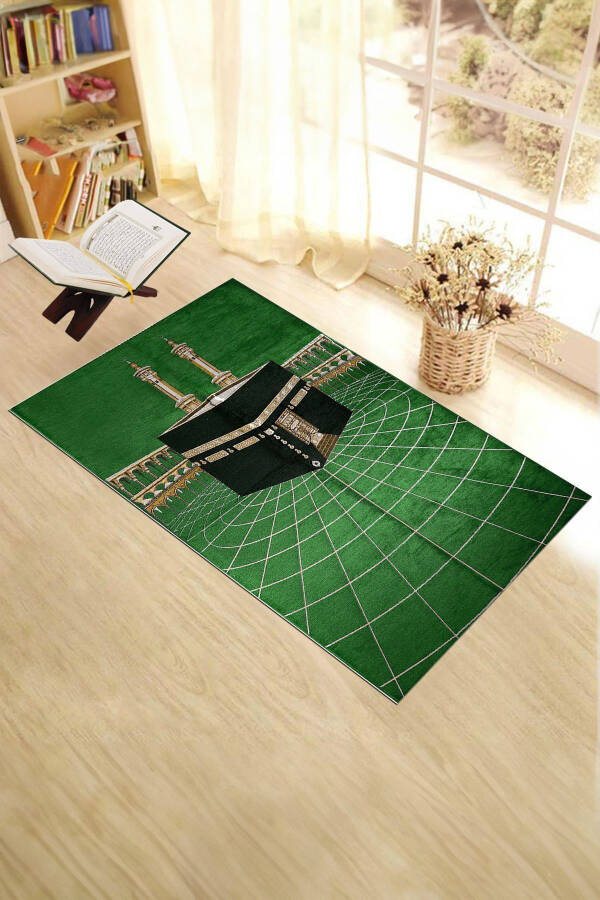 Цифровой печатный моющийся ковер для молитвы Kaaba Motif Elegant Design 70x130 48 Зеленый - 2