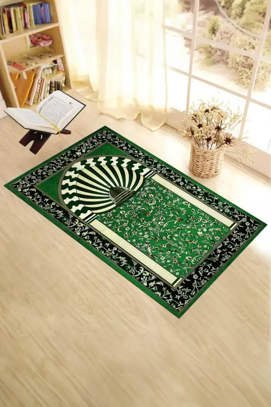 Цифровой печатный моющийся молитвенный коврик с мотивом мечети 70x130см, Молитвенный коврик-34-зеленый - 5