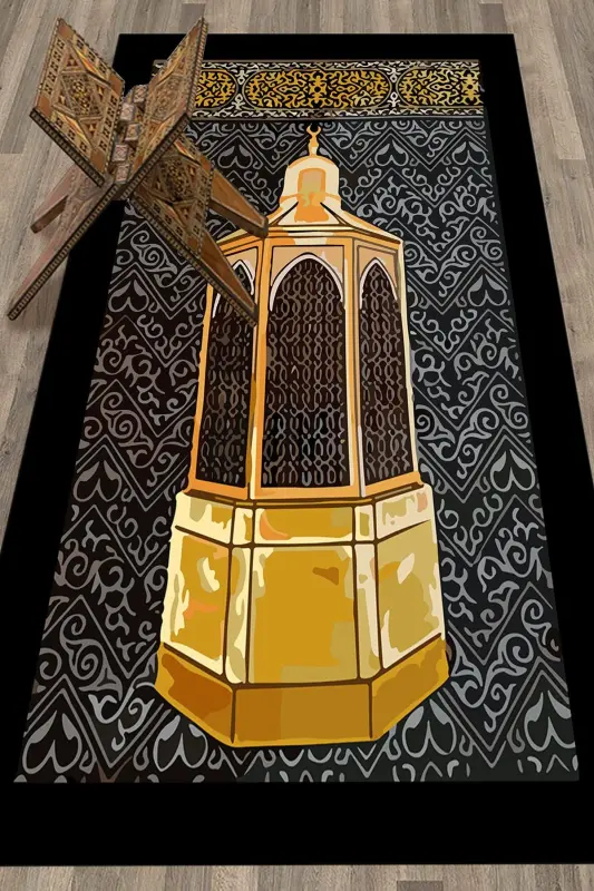 Цифровой печатный моющийся подарочный молитвенный коврик (сажжаде) 70x130 см - ЧЕРНЫЙ - 7