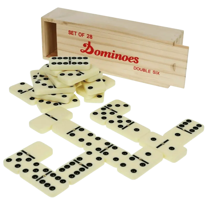 Double Six Dominoes, 28-Piece Set with Wooden Box and Brass Spinner by Dependable Industries Inc. Essentials - 2