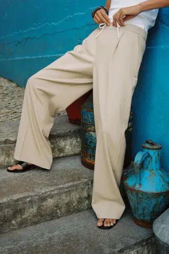 ÇİFT BEL BANTLI WIDE LEG PANTOLON-Kum - MODAZONE (1)