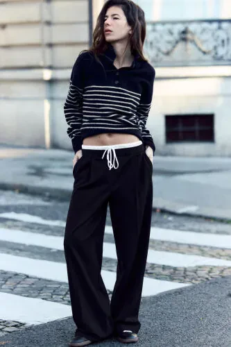 ÇİFT BEL BANTLI WIDE LEG PANTOLON-Siyah - MODAZONE