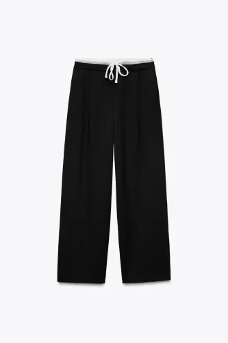 ÇİFT BEL BANTLI WIDE LEG PANTOLON-Siyah - 4