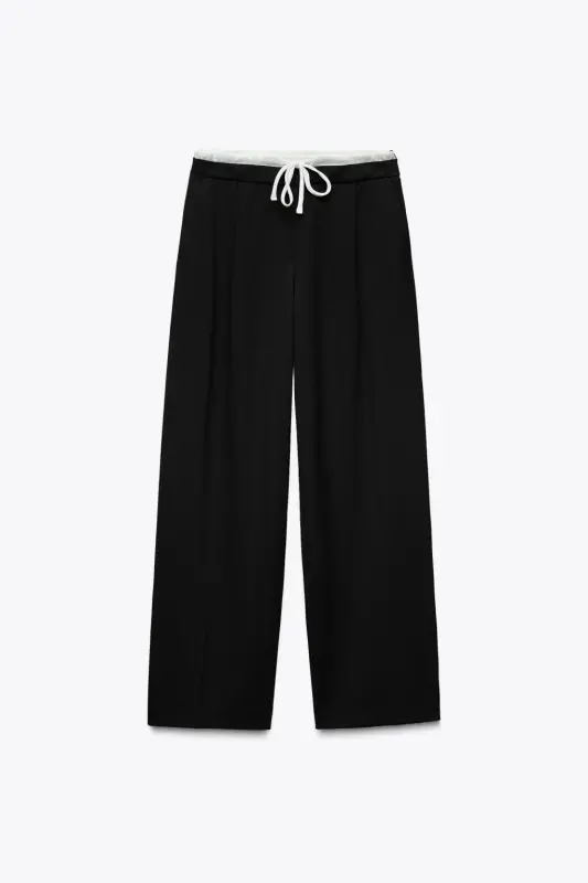ÇİFT BEL BANTLI WIDE LEG PANTOLON-Siyah - 4