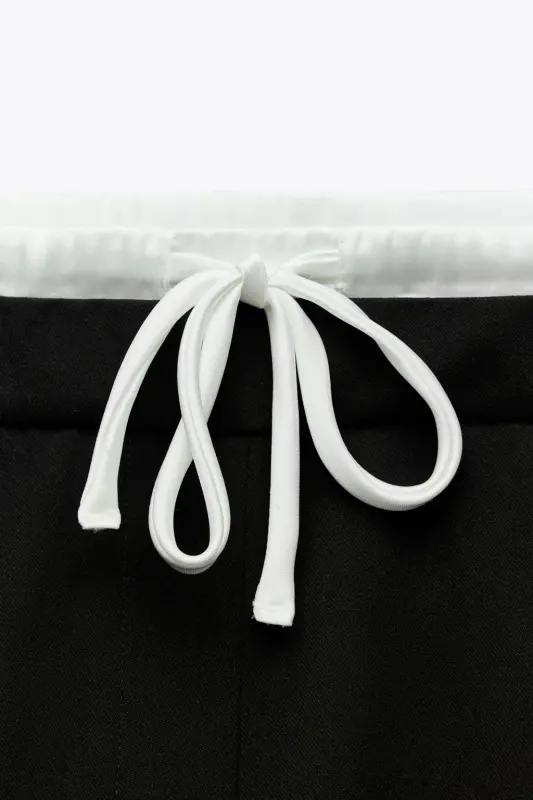 ÇİFT BEL BANTLI WIDE LEG PANTOLON-Siyah - 6