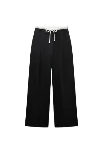 ÇİFT BEL BANTLI WIDE LEG PANTOLON-Siyah - 7