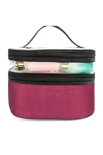 Çift Bölmeli Şeffaf Makyaj Çantası Seyahat Çantası Kozmetik Çantası Organizer-Bordo - 2