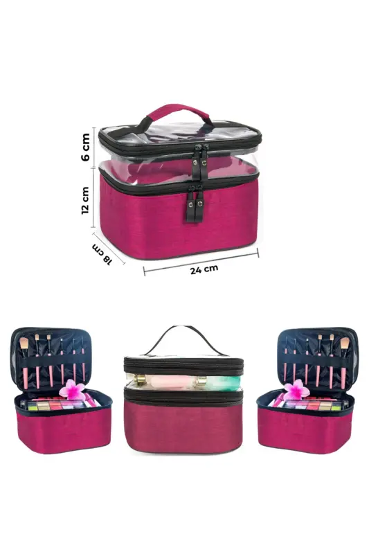 Çift Bölmeli Şeffaf Makyaj Çantası Seyahat Çantası Kozmetik Çantası Organizer-Bordo - 7