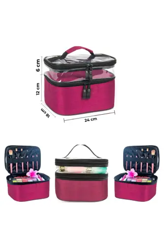Çift Bölmeli Şeffaf Makyaj Çantası Seyahat Çantası Kozmetik Çantası Organizer - Bordo - 7