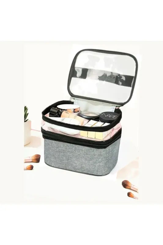 Çift Bölmeli Şeffaf Makyaj Çantası Seyahat Çantası Kozmetik Çantası Organizer Gri-Gri - SKYINN