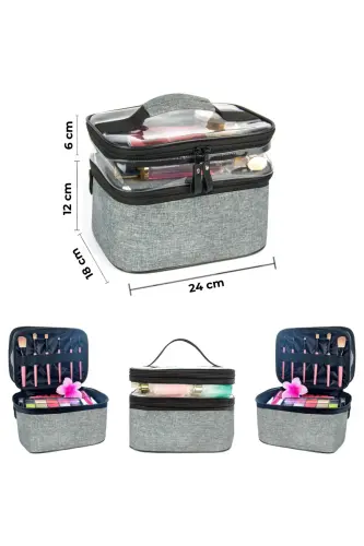 Çift Bölmeli Şeffaf Makyaj Çantası Seyahat Çantası Kozmetik Çantası Organizer Gri-Gri - 2