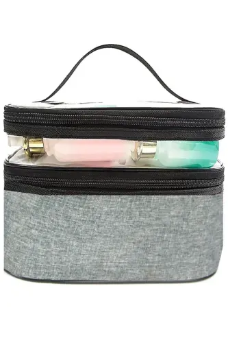 Çift Bölmeli Şeffaf Makyaj Çantası Seyahat Çantası Kozmetik Çantası Organizer Gri-Gri - 3