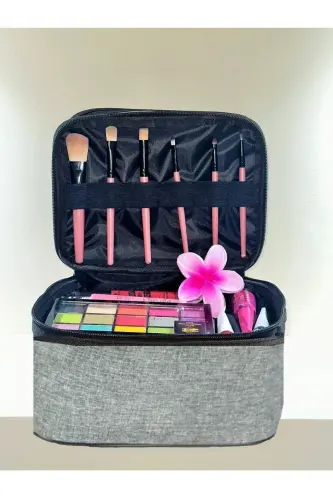 Çift Bölmeli Şeffaf Makyaj Çantası Seyahat Çantası Kozmetik Çantası Organizer Gri-Gri - 4
