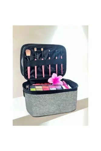 Çift Bölmeli Şeffaf Makyaj Çantası Seyahat Çantası Kozmetik Çantası Organizer Gri-Gri - 7