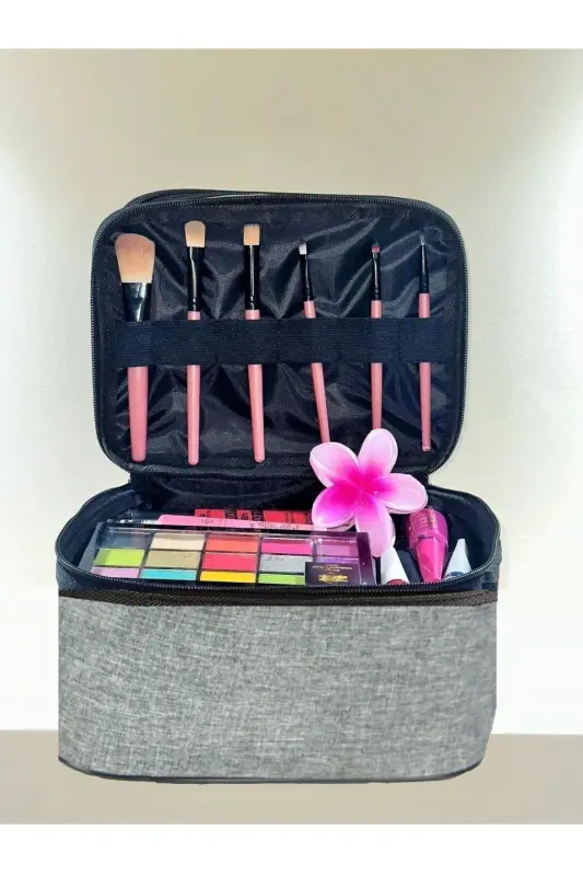 Çift Bölmeli Şeffaf Makyaj Çantası Seyahat Çantası Kozmetik Çantası Organizer Gri-Gri - 4
