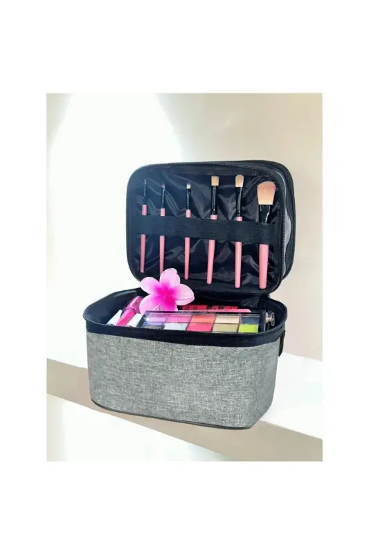 Çift Bölmeli Şeffaf Makyaj Çantası Seyahat Çantası Kozmetik Çantası Organizer Gri-Gri - 6
