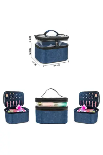 Çift Bölmeli Şeffaf Makyaj Çantası Seyahat Çantası Kozmetik Çantası Organizer Lacivert-Lacivert - 3