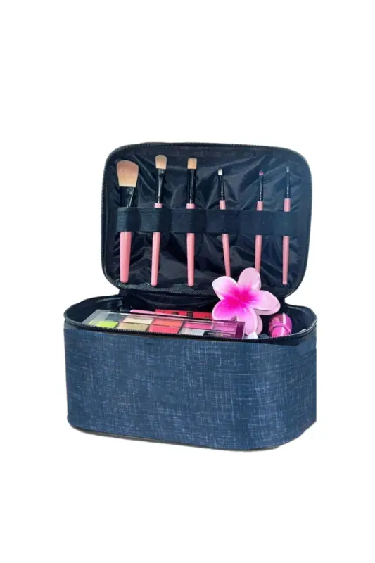Çift Bölmeli Şeffaf Makyaj Çantası Seyahat Çantası Kozmetik Çantası Organizer Lacivert-Lacivert - 8