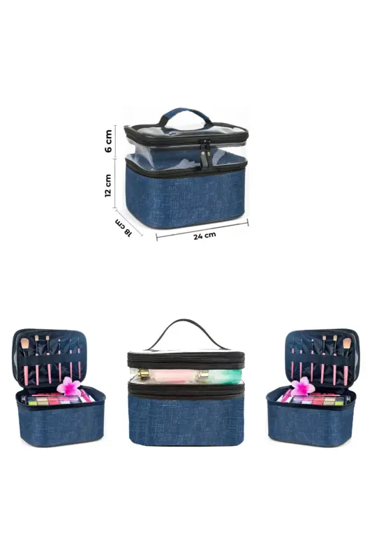 Çift Bölmeli Şeffaf Makyaj Çantası Seyahat Çantası Kozmetik Çantası Organizer Lacivert-Lacivert - 3