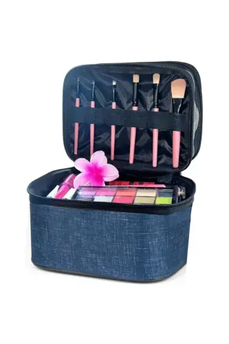 Çift Bölmeli Şeffaf Makyaj Çantası Seyahat Çantası Kozmetik Çantası Organizer Lacivert-Lacivert - 5