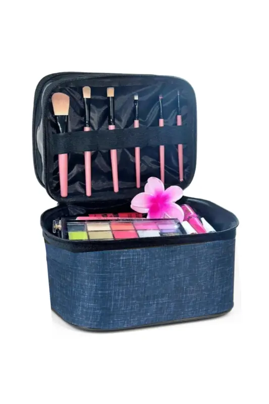 Çift Bölmeli Şeffaf Makyaj Çantası Seyahat Çantası Kozmetik Çantası Organizer Lacivert-Lacivert - 7