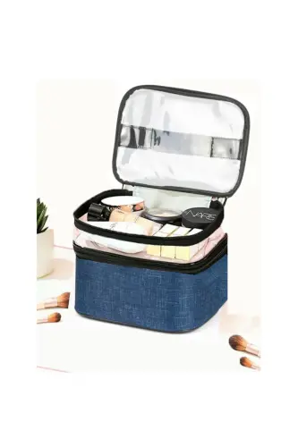 Çift Bölmeli Şeffaf Makyaj Çantası Seyahat Çantası Kozmetik Çantası Organizer Lacivert-Lacivert 